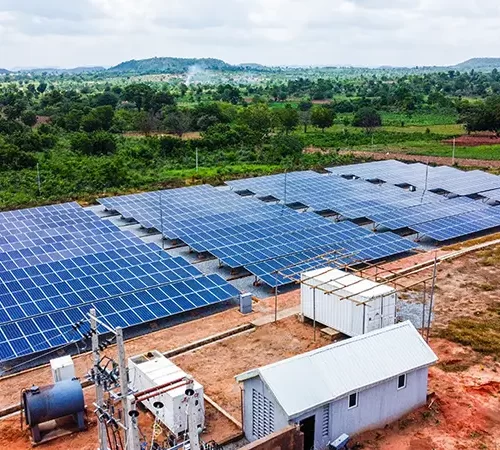 aerial view of a ground-mounted solar photovoltaic array
